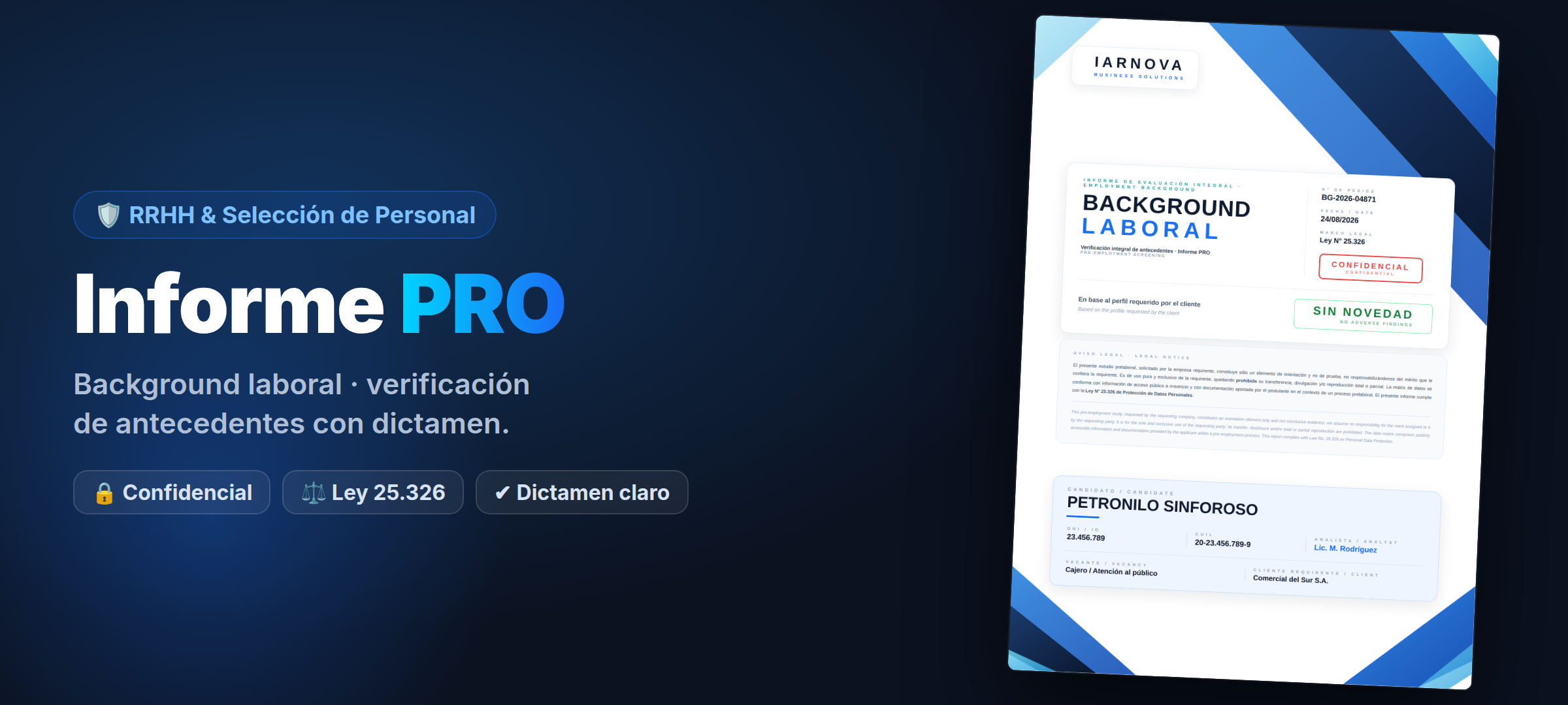 Informe PRO de RRHH: portada confidencial de verificacion de antecedentes laborales, Ley 25.326
