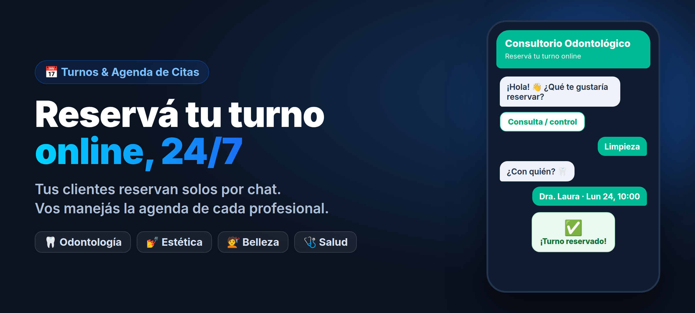 Sistema de turnos IARNOVA: reserva de citas online por chat para odontologia, estetica, salud y belleza